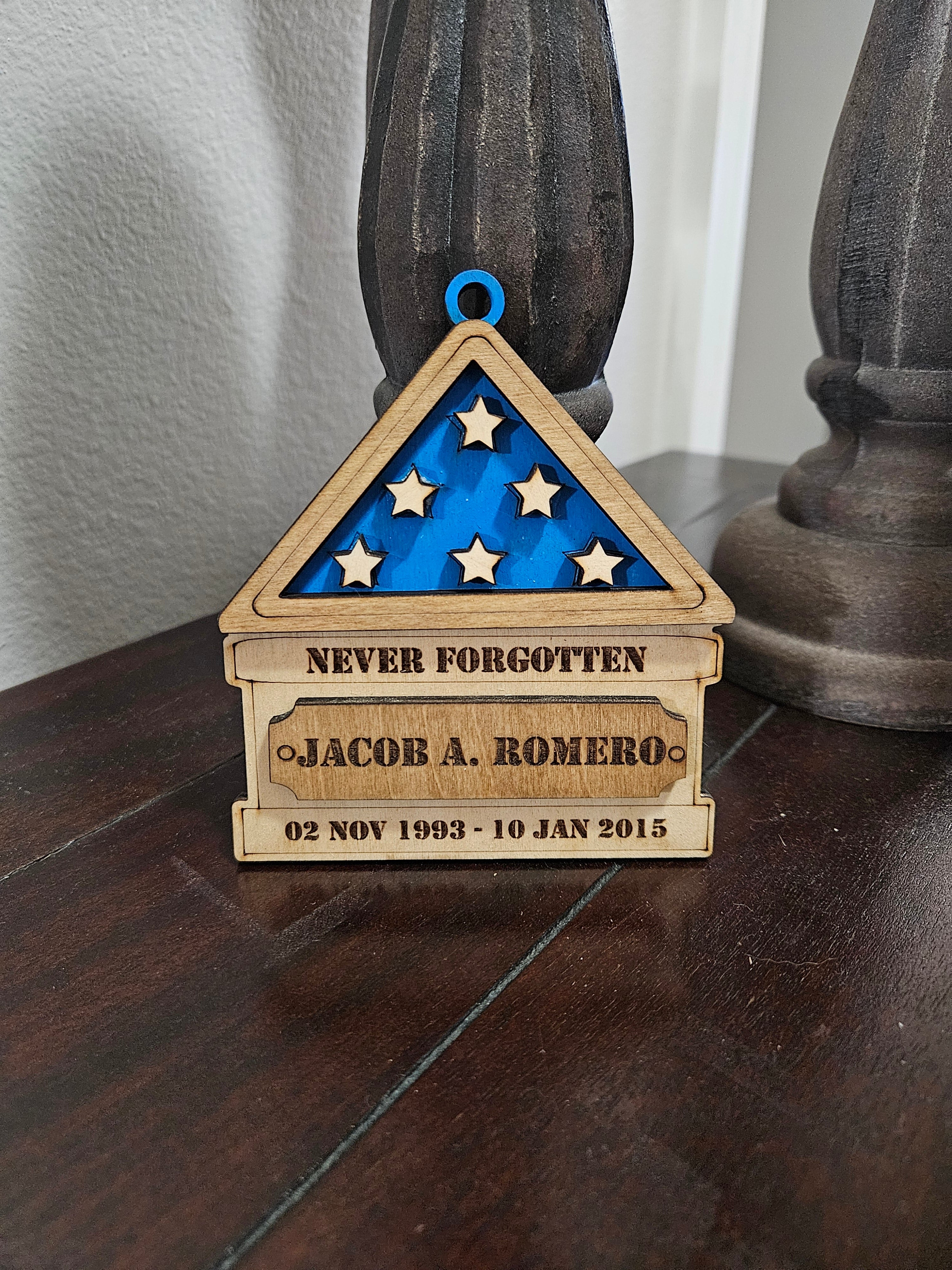 "Never Forgotten" Christmas US Flag Ornament with Fallen Service Members Name