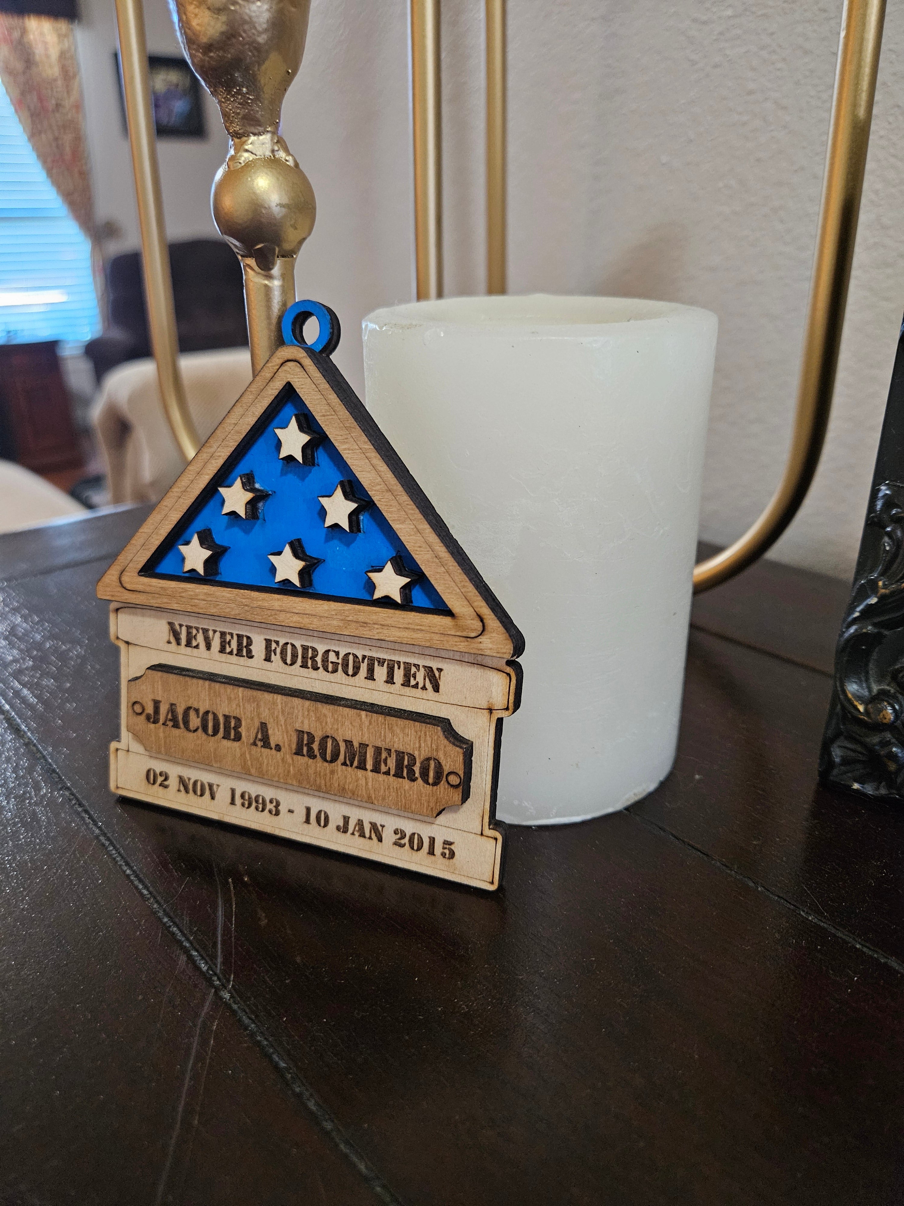 "Never Forgotten" Christmas US Flag Ornament with Fallen Service Members Name