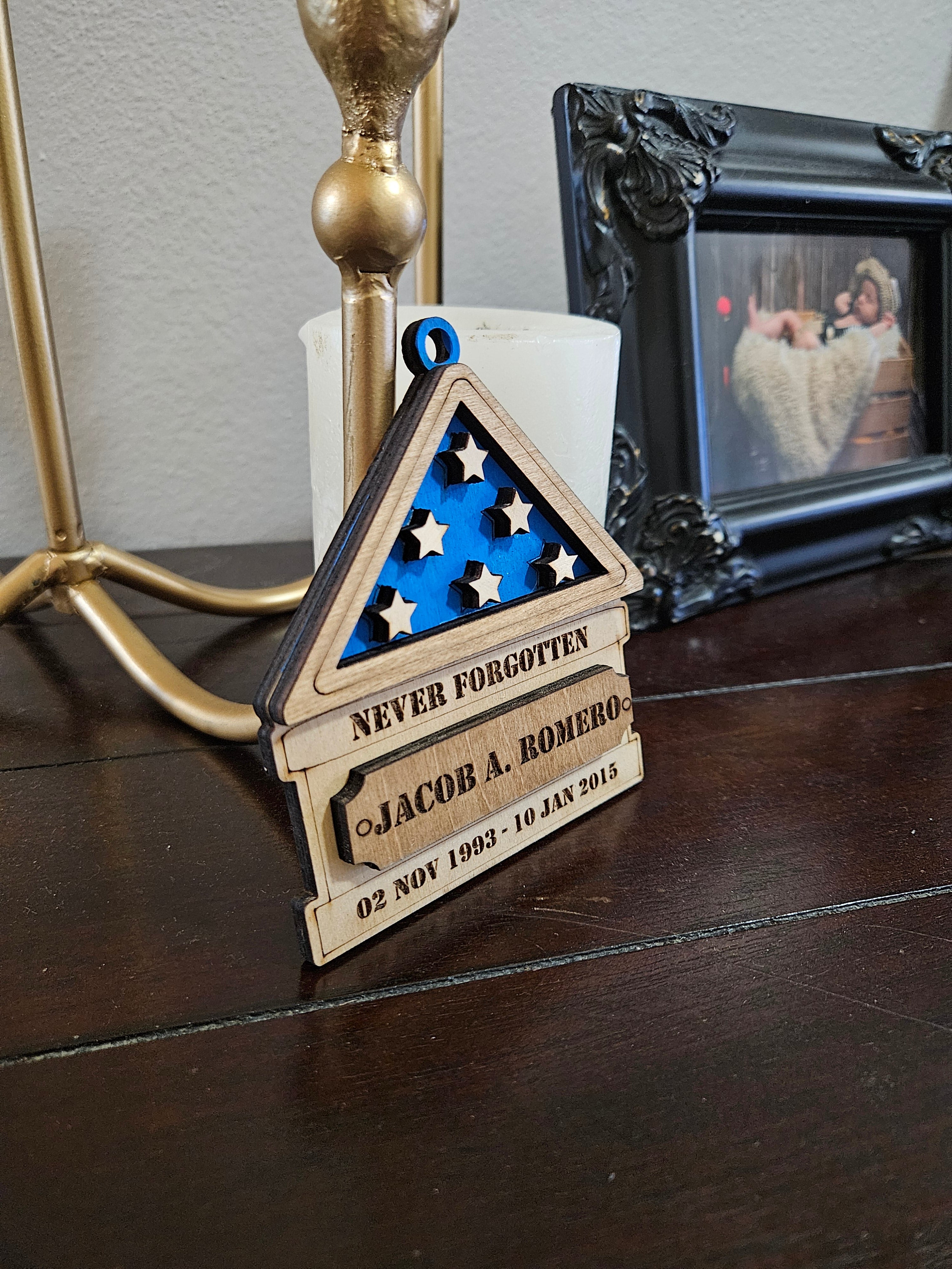 "Never Forgotten" Christmas US Flag Ornament with Fallen Service Members Name